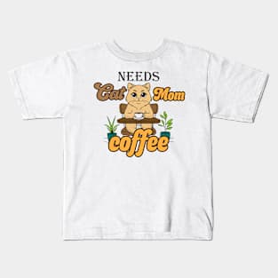 Funny Cat Mom Needs Coffee Kids T-Shirt